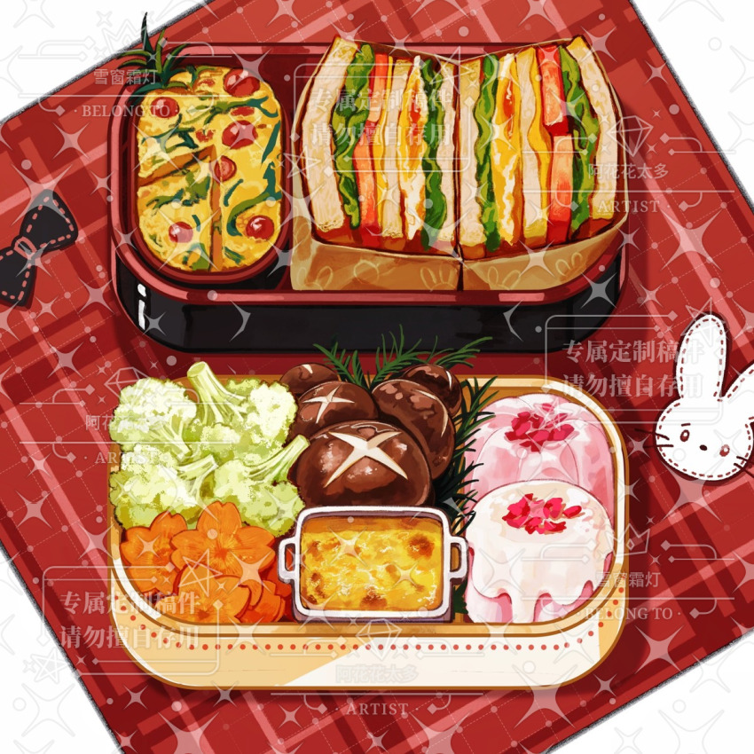 bento bluebluecathy bread cauliflower commentary_request food food_focus food_request highres icing lettuce mushroom no_humans original pastry sandwich shiitake watermark