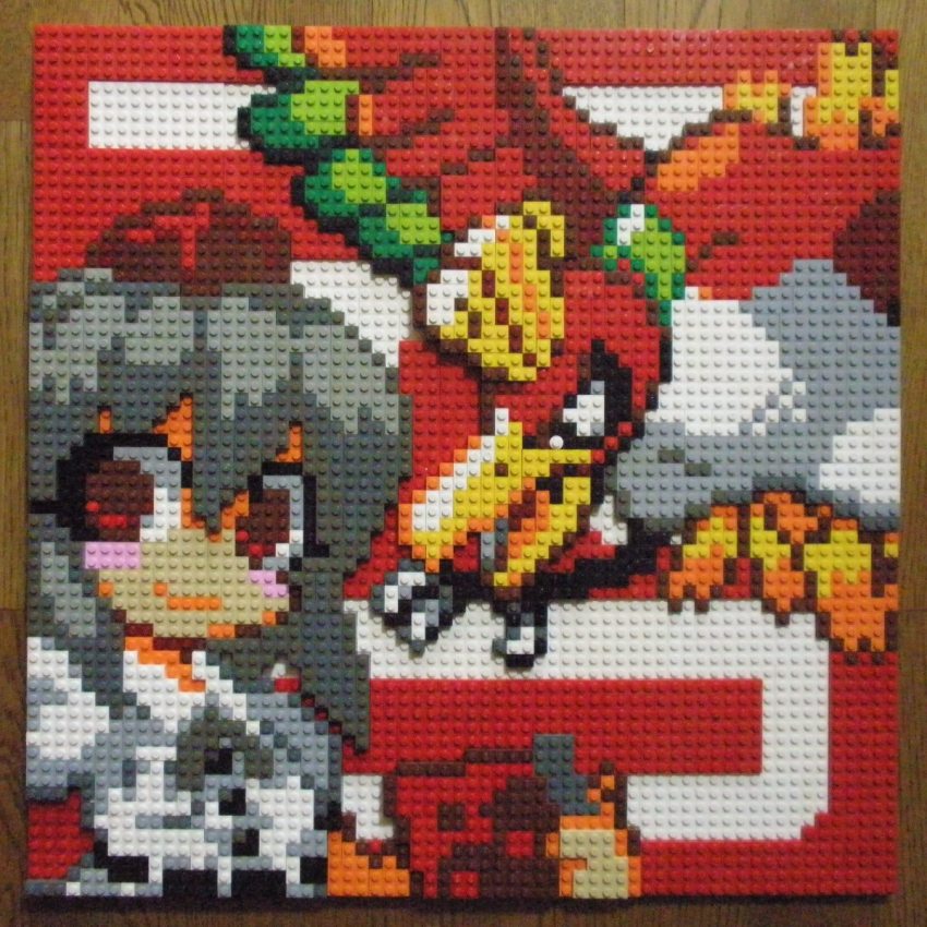 1girl black_hair buttons camera closed_mouth game_freak gen_2_pokemon hat highres ho-oh holding holding_camera legendary_pokemon lego lego_(medium) looking_at_viewer nintendo photo_(medium) pixel_art pokemon pokemon_(creature) red_background red_eyes shameimaru_aya shirt short_hair short_sleeves smile text_background tokin_hat touhou unconventional_media upper_body white_shirt wings you_rei_(blowback)