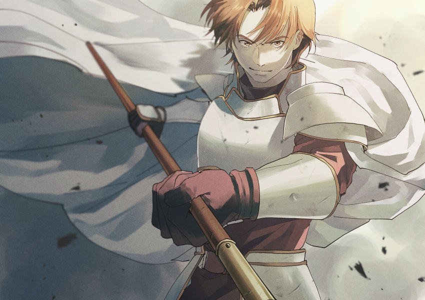 1boy absurdres armor breastplate brown_eyes brown_hair debris eyelashes gauntlets grey_background highres holding holding_polearm holding_weapon kurosujuu leon_(tear_ring_saga) looking_at_viewer male_focus polearm short_hair solo tear_ring_saga:_berwick_saga upper_body weapon