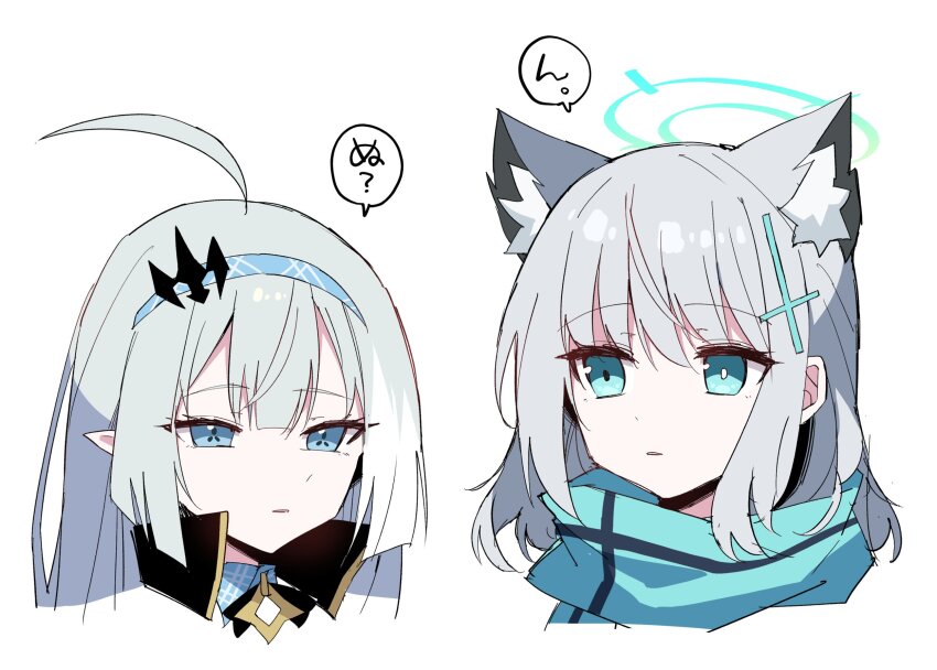 2girls animal_ears black_ribbon blue_archive blue_eyes blue_hairband blue_scarf checkered_hairband commentary cross_hair_ornament crossover extra_pupils female_tyrant_(stella_sora) grey_hair hair_ornament hairband halo highres himiya_jouzu long_hair medium_hair mismatched_pupils multiple_girls neck_ribbon pointy_ears ribbon scarf shiroko_(blue_archive) simple_background speech_bubble stella_sora translated tyrant_(stella_sora) upper_body white_background wolf_ears wolf_girl
