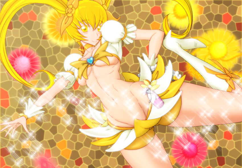 10s 1girl blonde_hair boots bow breasts brooch brown_background cure_sunshine female_focus floral_background groin heart heart_brooch heartcatch_precure! jewelry long_hair magical_girl medium_breasts midriff mosaic_background myoudouin_itsuki navel precure skirt smile solaris_x2 solo sparkle twintails underboob yellow_bow yellow_eyes yellow_skirt yellow_theme