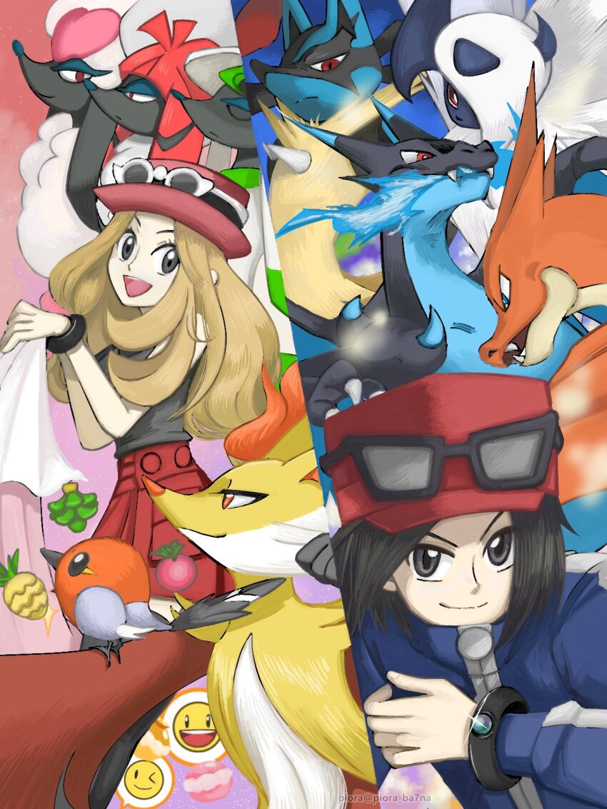 1boy 1girl absol babiri_berry berry_(pokemon) black_eyes blue_fire bracelet calem_(pokemon) charizard closed_mouth cupcake delphox emoji fangs fire fletchling food furfrou furfrou_(dandy) furfrou_(heart) furfrou_(kabuki) gen_1_pokemon gen_3_pokemon gen_4_pokemon gen_6_pokemon grey_eyes hat highres jewelry lucario magost_berry mega_absol mega_charizard_x mega_charizard_y mega_lucario mega_pokemon mega_stone nintendo orange_eyes pinap_berry piora pokemon pokemon_(creature) pokemon_xy red_eyes serena_(pokemon) spikes sunglasses