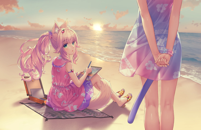 2girls :o alternate_hairstyle animal_ear_fluff animal_ears arm_strap arms_behind_back beach blush cat_ears cat_girl cat_tail clothes_writing cloud drawing_(action) drawing_(object) dress dusk english_text fake_tail floral_print flower_print food-themed_hair_ornament food_print fraise_(nekopara) fruit_hair_ornament fruit_print game_cg green_eyes hair_ornament hair_scrunchie head_out_of_frame heart heart_print highres holding holding_own_hand holding_pencil holding_sketchbook kneepits long_hair minazuki_shigure multicolored_dress multiple_girls nail_polish nekopara non-web_source ocean official_art open_mouth outdoors pencil pink_dress pink_hair pink_nails ponytail print_dress sand sandals sayori_(neko_works) scrunchie see-through_silhouette side_ponytail sitting sketchbook sky slit_pupils sunset tail toenail_polish toenails towel water wavy_hair yellow_nails