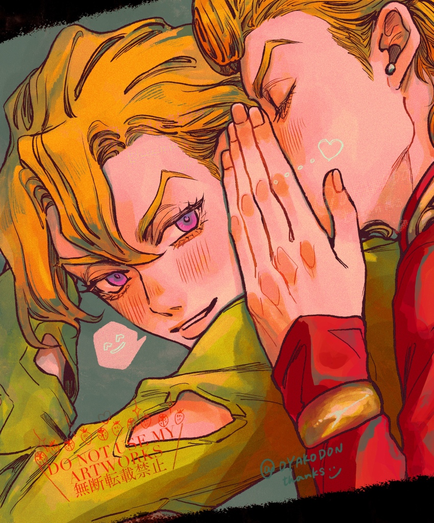 2boys absurdres blonde_hair closed_eyes clothing_cutout curtained_hair double-parted_hair drawn_heart earrings giorno_giovanna green_shirt heart highres jacket jewelry jojo_no_kimyou_na_bouken male_focus multiple_boys okokoro_zaiku pannacotta_fugo parted_bangs pink_jacket purple_eyes shirt sleeves_past_wrists smile smiley_face speech_bubble spoken_smile stud_earrings twitter_username vento_aureo victory_rolls watermark whispering whispering_in_ear yaoi