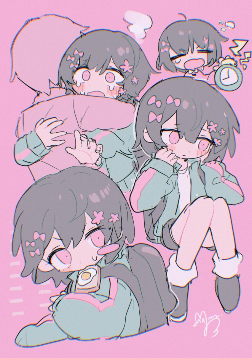 1boy 1girl backpack bag blush_stickers bow bread bread_slice clock crying crying_with_eyes_open fingernails flower food food_in_mouth fried_egg fried_egg_on_toast green_jacket grey_bag grey_hair grey_shoes grey_shorts hair_bow hair_flower hair_ornament hands_on_own_cheeks hands_on_own_face hashtag-only_commentary highres iyowa_girls jacket kurari-chan_(iyowa) kyu-kurarin_(cevio) mouth_hold multiple_hair_bows multiple_views pink_background pink_bow pink_eyes pink_flower shirt shoes short_hair shorts signature sushiuma_m tears toast toast_in_mouth track_jacket white_shirt yawning