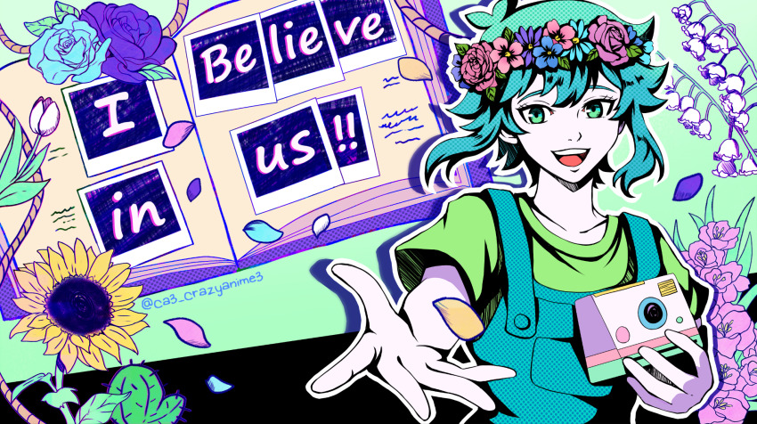 1boy basil_(headspace)_(omori) basil_(omori) blue_overalls camera collarbone colored_skin crazyanime3 english_text green_eyes green_hair green_shirt head_wreath highres holding holding_camera looking_at_viewer omori open_mouth overalls persona photo_(object) scrapbook shirt short_hair short_sleeves smile soejima_shigenori_(style) solo teeth tongue upper_teeth_only white_skin