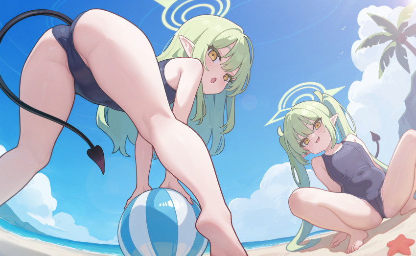 2girls :3 :o alternate_costume arm_support ass ball bare_arms bare_legs bare_shoulders barefoot beach beachball black_tail blue_archive blue_one-piece_swimsuit blue_sky blush breasts cameltoe cloud covered_navel curved_horizon day demon_girl demon_tail feet flat_chest from_behind from_below green_hair green_halo hair_between_eyes halo head_tilt highres hikari_(blue_archive) holding holding_ball holding_beachball kneepits knees_up leaning_back legs_apart light_blush loli long_hair looking_at_viewer looking_back m_legs multiple_girls nozomi_(blue_archive) ocean one-piece_swimsuit open_mouth outdoors palm_tree pointy_ears school_swimsuit siblings sisters sky small_breasts smile soles spread_legs squatting standing starfish straight_hair sunlight swimsuit tail thighs toes tree twins twintails user_gzus8432 very_long_hair yellow_eyes