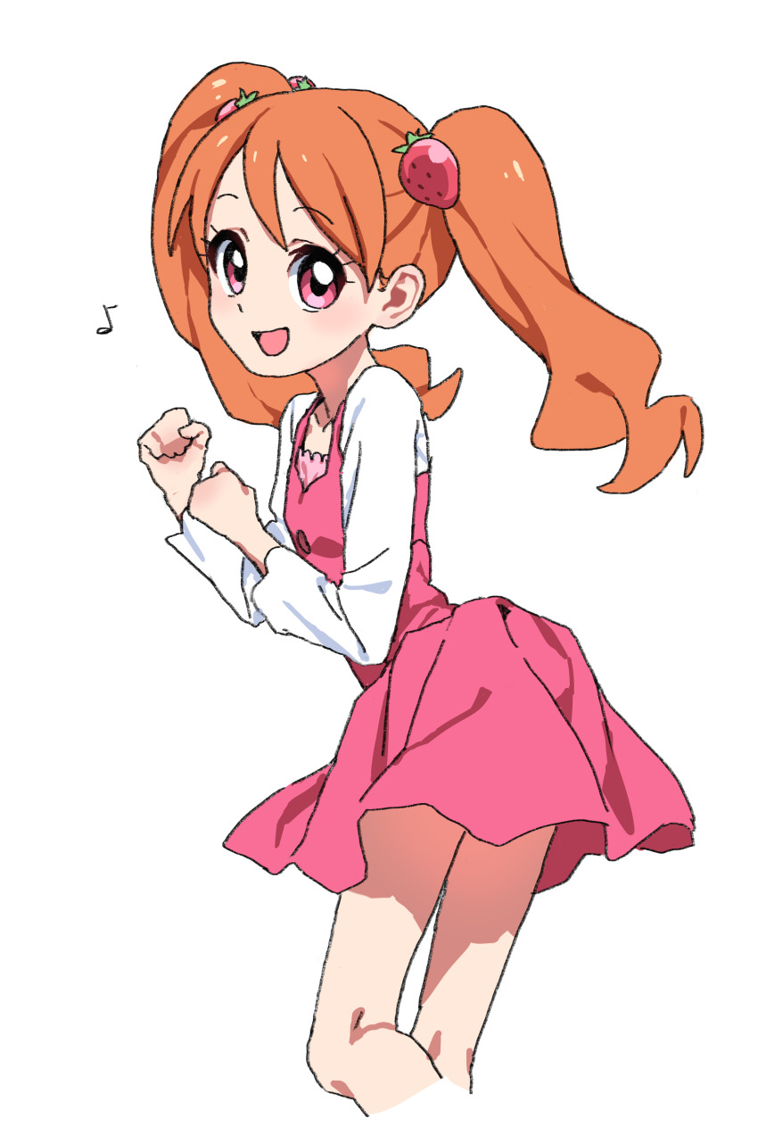 1girl :d absurdres cropped_legs eighth_note food-themed_hair_ornament hair_ornament highres hiji_rida kirakira_precure_a_la_mode long_hair long_sleeves musical_note open_mouth orange_hair pink_eyes pink_skirt precure shirt simple_background skirt smile solo strawberry_hair_ornament twintails usami_ichika white_background white_shirt