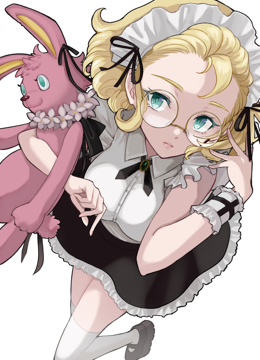 black_shirt blonde_hair breasts collared_shirt ginshima_jill green_eyes hair_slicked_back highres looking_at_viewer maid maid_headdress medium_breasts original platform_shoes round_eyewear shirt short_sleeves simple_background stuffed_toy thighhighs white_background white_shirt white_thighhighs wrist_cuffs