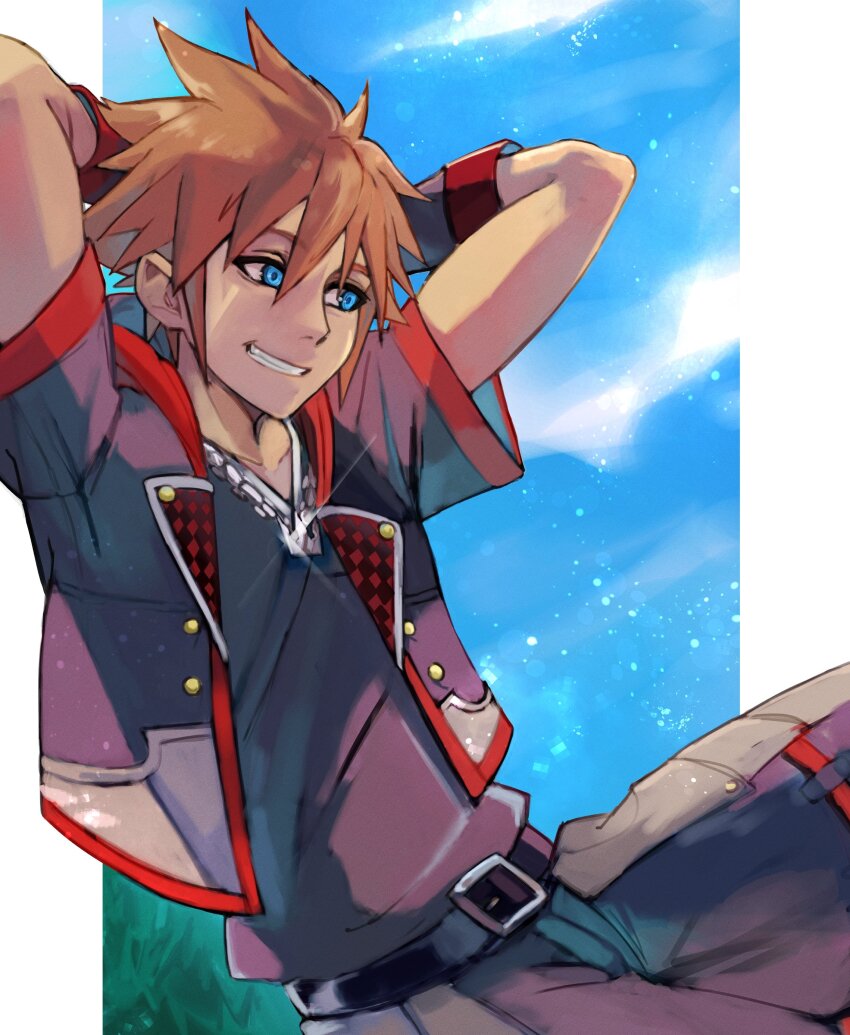 1boy absurdres arupg disney final_fantasy highres kingdom_hearts shorts smile sora_(kingdom_hearts)