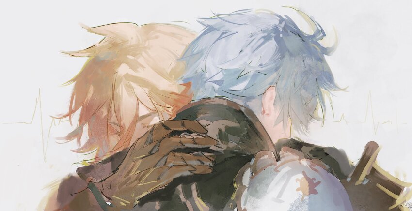 2boys absurdres blonde_hair cardiogram closed_eyes dichlorvos eyelashes grey_hair hair_between_eyes hand_on_another&#039;s_back highres honkai:_star_rail honkai_(series) hug male_focus multiple_boys mydei_(honkai:_star_rail) phainon_(honkai:_star_rail) simple_background unfinished upper_body white_background yaoi
