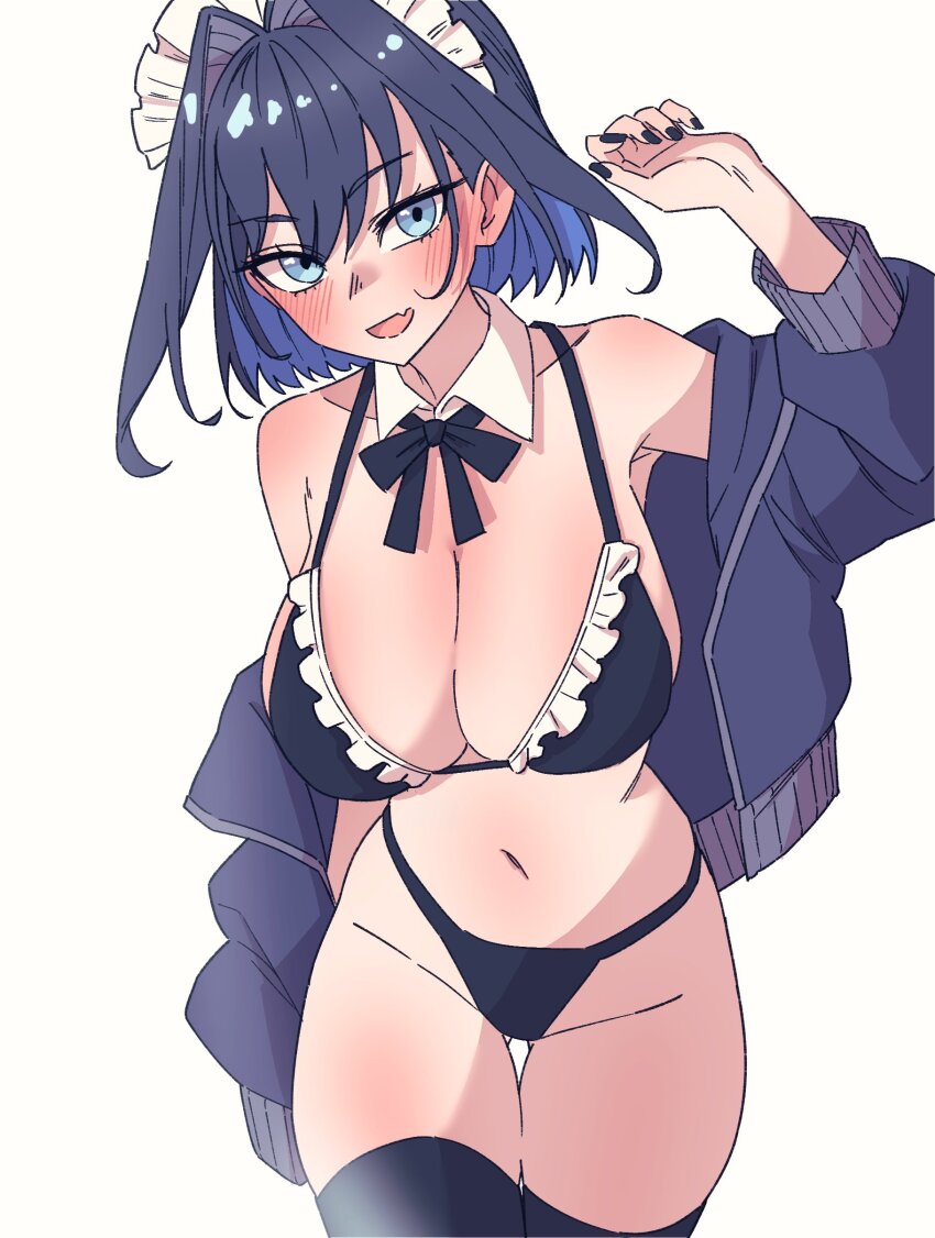 1girl absurdres anygatsby bikini black_bikini black_nails black_ribbon black_thighhighs blue_eyes blue_hair blue_jacket blush breasts cowboy_shot detached_collar fang fingernails hair_intakes hand_up highres hololive hololive_english jacket large_breasts looking_at_viewer maid maid_bikini maid_headdress medium_hair nail_polish navel neck_ribbon off_shoulder open_mouth ouro_kronii ribbon skin_fang solo swimsuit thighhighs unconventional_maid virtual_youtuber