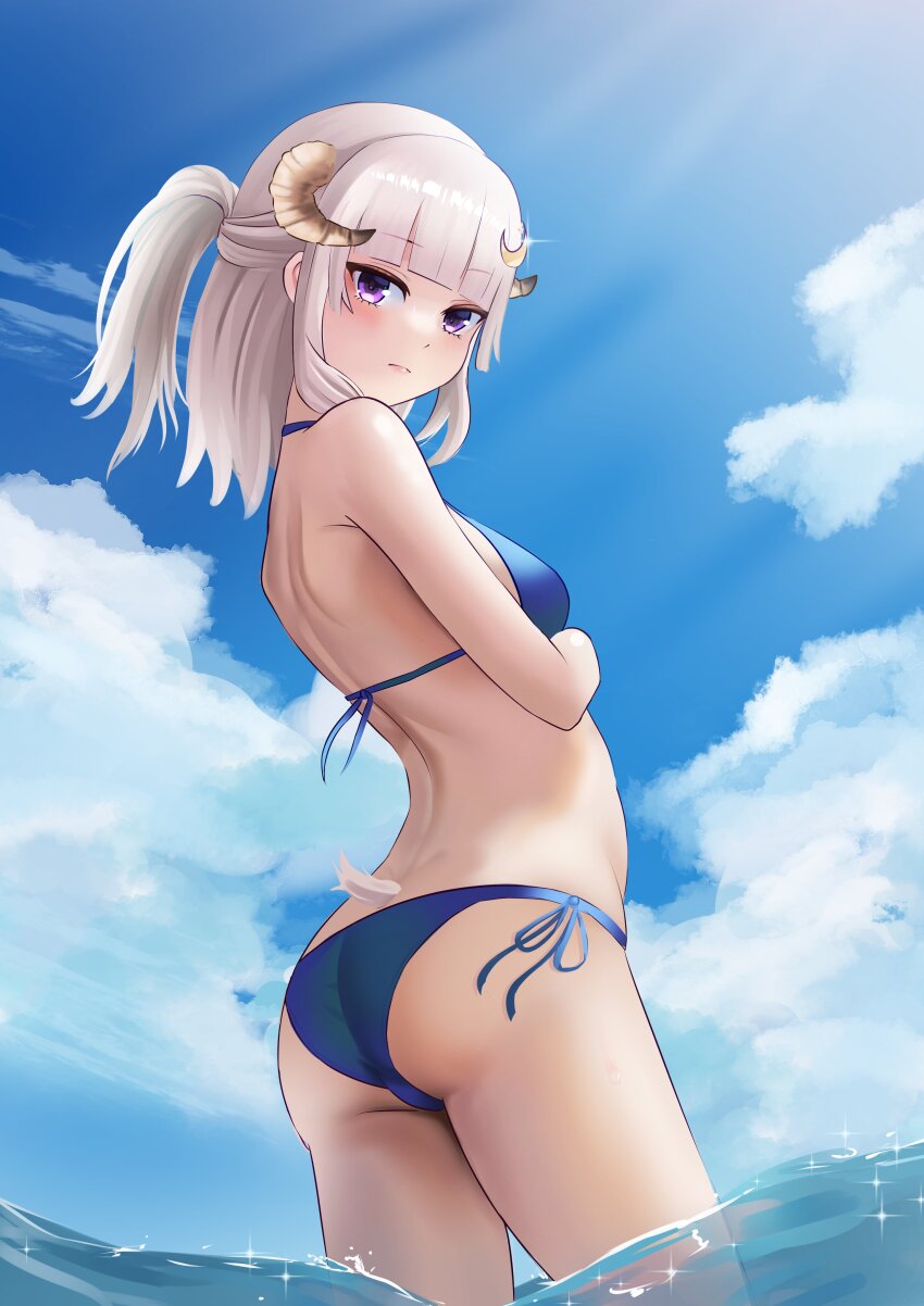 1girl absurdres arched_back arms_under_breasts ass ass_focus aurora_atria back back-tie_bikini bikini blue_bikini blue_sky breasts closed_mouth cloud cowboy_shot curled_horns day dot_nose estebaneishon1 expressionless eyebrows female_focus from_behind from_below from_side grey_hair highres horns lefolk light_blush lips long_hair looking_at_viewer looking_down looking_to_the_side ocean outdoors ponytail purple_eyes sheep_girl sheep_horns sheep_tail short_ponytail side-tie_bikini_bottom sky small_breasts solo standing swimsuit tail virtual_youtuber water