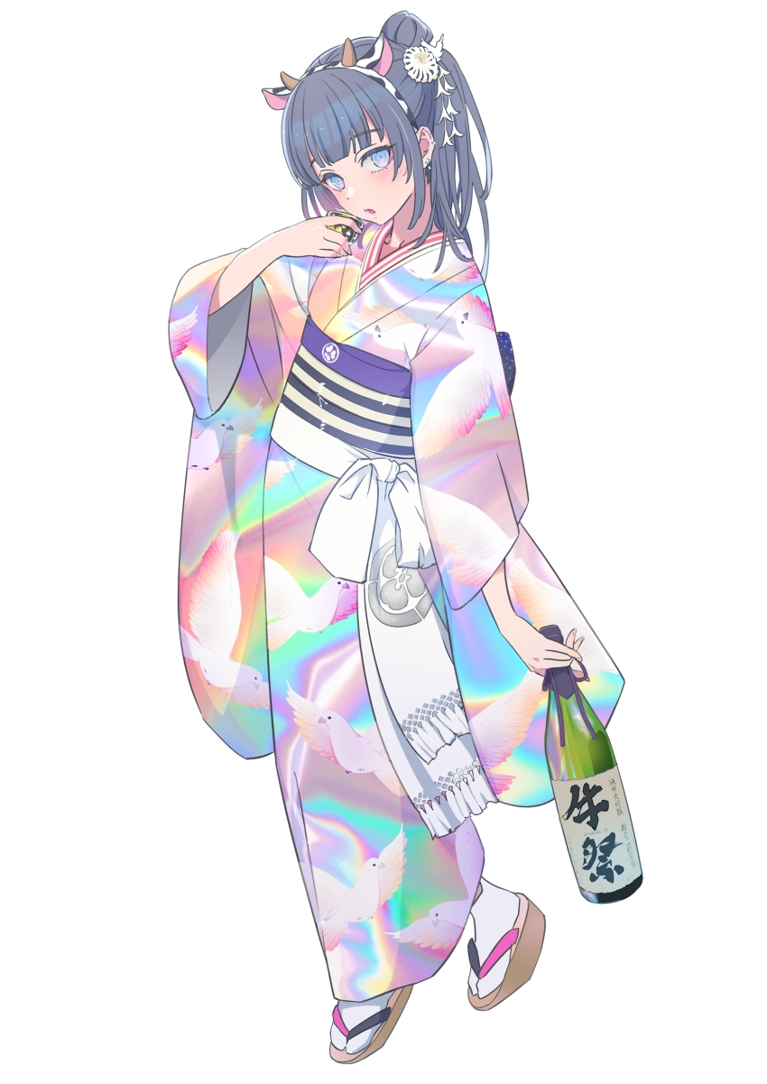 1girl alcohol animal_ears blue_eyes blue_hair bottle cow_ears cow_horns cup geta hair_ornament highres horns japanese_clothes kimono looking_at_viewer mebae medium_hair multicolored_kimono obi open_mouth print_kimono rainbow_print sake sake_bottle sash simple_background socks solo tabi white_background white_socks yukata