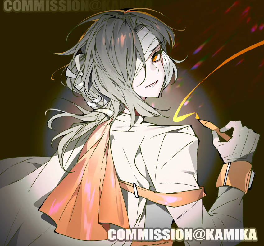 1girl anime_coloring bandage_over_one_eye bound braid bright_pupils brown_background caustics collared_shirt colored_inner_hair commission dark_background gloves gradient_background grey_hair highres indoors kamika light_smile looking_at_viewer medium_hair multicolored_hair orange_eyes orange_scarf original portrait restraints scarf shirt side_braid smile straitjacket upper_body wavy_hair white_gloves white_hair white_shirt
