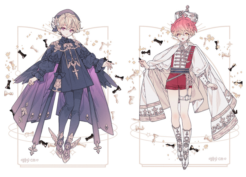 2boys bird_wings black_footwear black_hat black_pantyhose black_robe black_wings blonde_hair boots braid cape chess_piece collage crown embroidery fashion full_body gradient_hair hat lemon89h looking_at_viewer multicolored_hair multiple_boys open_mouth original pantyhose purple_cape purple_eyes red_hair red_shirt red_shorts robe shirt short_hair shorts standing two-tone_hair wavy_hair white_cape white_crown white_footwear winged_footwear wings yellow_eyes
