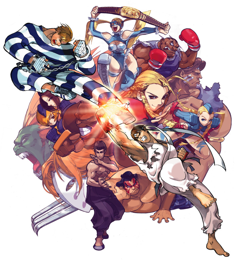 5girls 6+boys absurdres balrog_(street_fighter) bandages barefoot belt black_hair blanka blonde_hair boxing_gloves braid brown_hair cammy_white chain clash claw_(weapon) claws clenched_teeth cody_travers colored_skin cuffs dee_jay e._honda everyone facepaint feet fei_long fighting_stance final_fight flying_kick game_cg gloves glowing green_skin handcuffs harumaru hat headband highres juli_(street_fighter) juni_(street_fighter) kanzuki_karin kicking mask multiple_boys multiple_girls muscular native_american non-web_source official_art punching rainbow_mika ringlets ryu_(street_fighter) short_hair shouryuuken street_fighter street_fighter_zero_(series) teeth thunder_hawk torn_clothes twin_braids twintails uppercut vega_(street_fighter) weapon