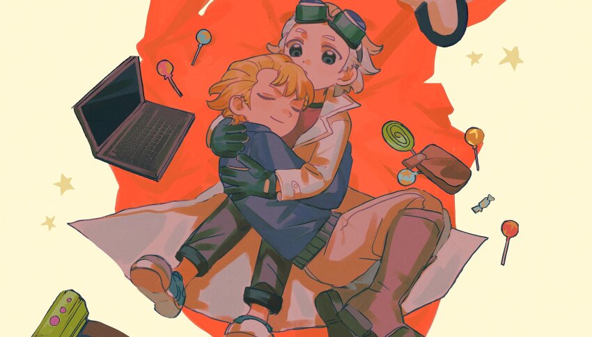 2boys almifiiiii black_gloves blonde_hair blue_eyes blue_sweater boots candy closed_eyes closed_mouth coat computer dr._stone food gloves goggles goggles_on_head grey_hair highres hug lab_coat laptop lollipop long_sleeves lying multiple_boys pants shoes short_hair sleeping smile stanley_snyder_(dr.stone) star_(symbol) sweater swirl_lollipop white_hair xeno_(dr.stone)