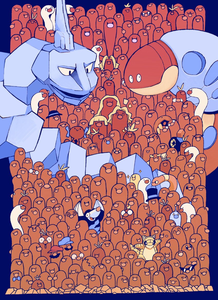 alolan_diglett alolan_dugtrio alolan_form alternate_color blonde_hair blue_headwear bow bowtie clothed_pokemon cosplay diglett ditto drilbur dugtrio evolutionary_line facial_hair gen_1_pokemon gen_5_pokemon gen_7_pokemon hat highres kabuto_(pokemon) looking_at_viewer mario mario_(cosplay) mustache nintendo no_humans onix orthworm paldean_wooper pauldrawsart pokemon pokemon_(creature) sandshrew shiny_and_normal shiny_pokemon sunglasses wiglett wugtrio