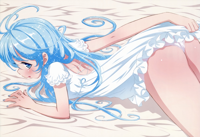 10s 1girl absurdres antenna_hair ass bed_sheet blue_eyes blue_hair denpa_onna_to_seishun_otoko dress dress_tug female_focus hair_spread_out highres kudou_yuka long_hair lying matching_hair/eyes nail_polish non-web_source nyantype official_art on_stomach panties solo sparkle touwa_erio underwear very_long_hair white_panties