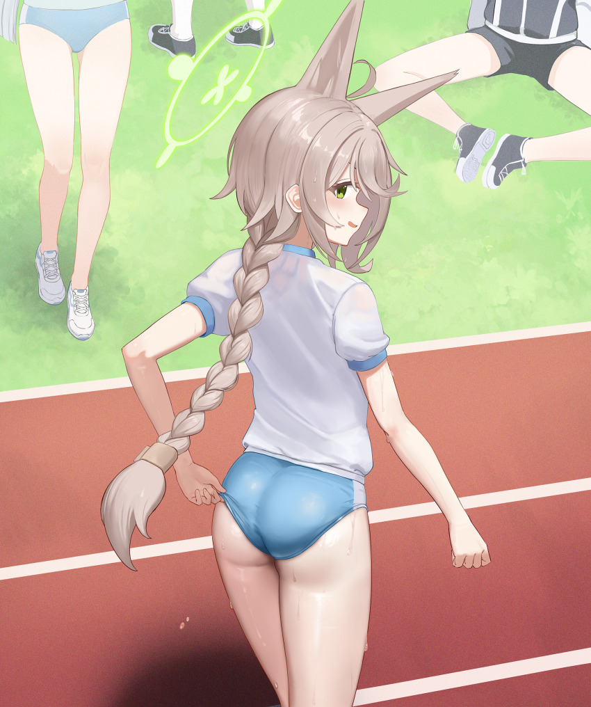 4girls adjusting_buruma adjusting_clothes ahoge animal_ears ass blue_archive blue_buruma brown_hair buruma extra_ears fox_ears green_eyes green_halo gym_uniform halo highres long_braid looking_at_viewer multiple_girls open_mouth otogi_(blue_archive) short_sleeves sitting solo_focus standing swimsuit thighs white_background white_sneakers whoning1