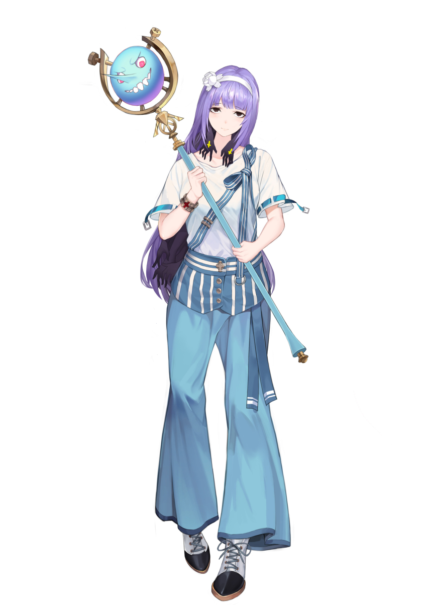 1girl absurdres belt belt_buckle black_eyes black_hair black_shoes blue_belt blue_pants blue_ribbon blue_sash blue_skirt bracelet braid buckle buttons chinese_commentary closed_mouth colored_inner_hair commentary_request cross-laced_footwear eyelashes flower full_body gold_bracelet hair_flower hair_ornament hairband highres holding holding_staff jewelry light_smile lips long_hair looking_at_viewer microskirt multicolored_hair multicolored_shoes multiple_belts original pants pants_under_skirt purple_hair ribbon sash shirt shoes short_sleeves simple_background single_braid skirt sleeve_belt solo staff standing straight_hair striped_clothes striped_ribbon striped_sash striped_skirt t-shirt tachi-e two-tone_shoes vertical-striped_clothes vertical-striped_skirt very_long_hair white_background white_flower white_hairband white_shirt white_shoes xuexi_zhe