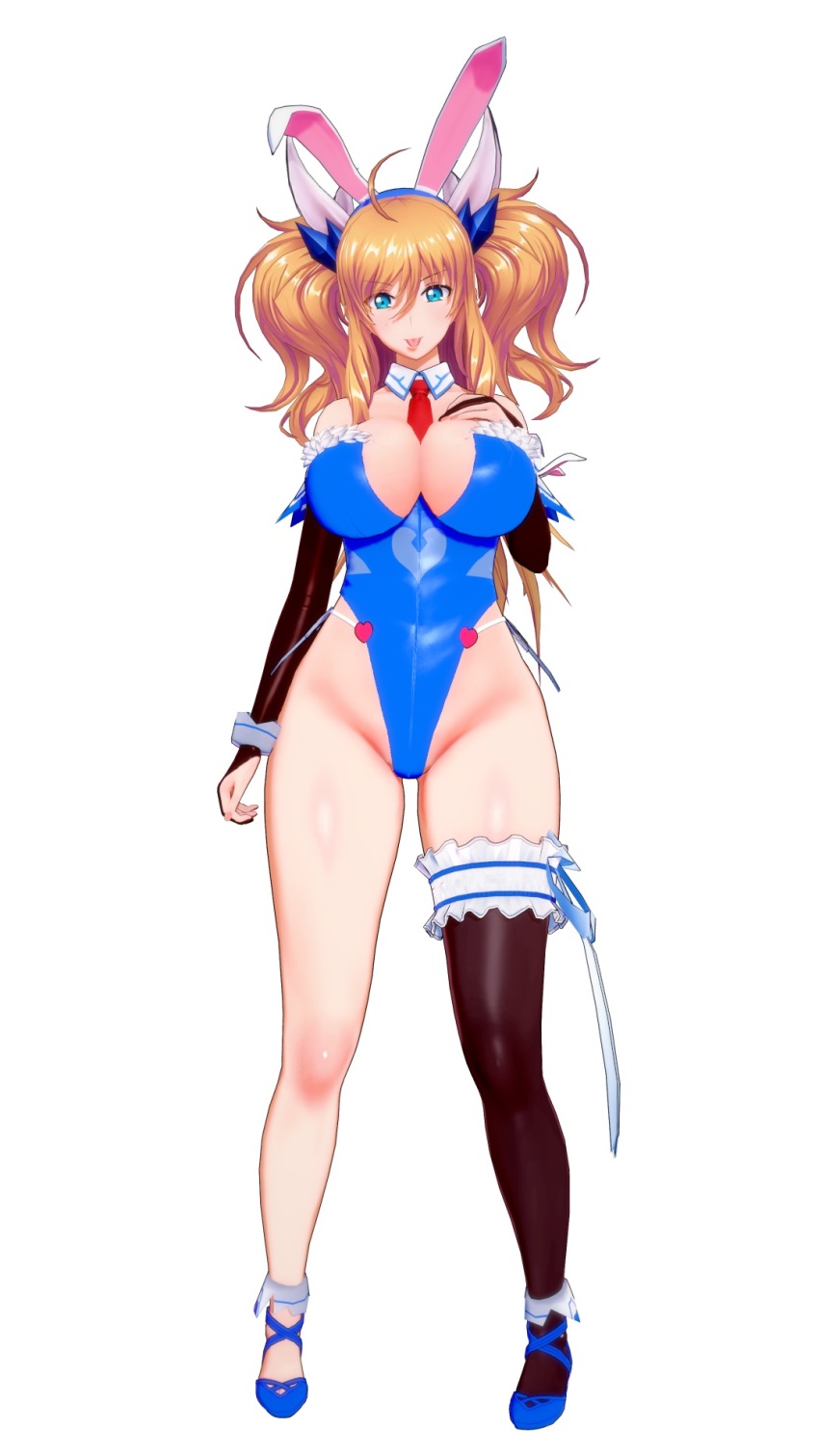 1girl 3d :p alternate_costume animal_ears artist_request blonde_hair blue_eyes blue_leotard blush breasts cleavage curvy detached_collar fake_animal_ears full_body gloves hand_on_own_chest happy highleg highleg_leotard highres huge_breasts large_breasts leotard long_hair looking_at_viewer official_alternate_costume onizaki_kirara playboy_bunny rabbit_ears revealing_clothes shiny_skin sitting smile taimanin_(series) taimanin_rpgx thong_leotard tongue tongue_out twintails white_background