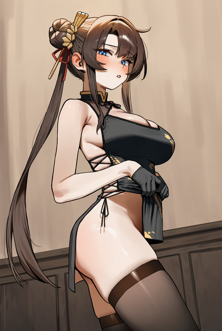 1girl absurdres black_dress black_hair black_thighhighs blue_eyes blush bottomless breasts china cleavage cleavage_cutout clothes_lift clothing_cutout commission cowboy_shot curtained_hair double_bun dress gloves hair_bun hair_intakes hair_ornament hair_stick half_gloves highres indoors large_breasts looking_at_viewer memmemme no_panties original pelvic_curtain pelvic_curtain_lift side-tie_dress sleeveless sleeveless_dress solo thick_thighs thighhighs thighs twintails