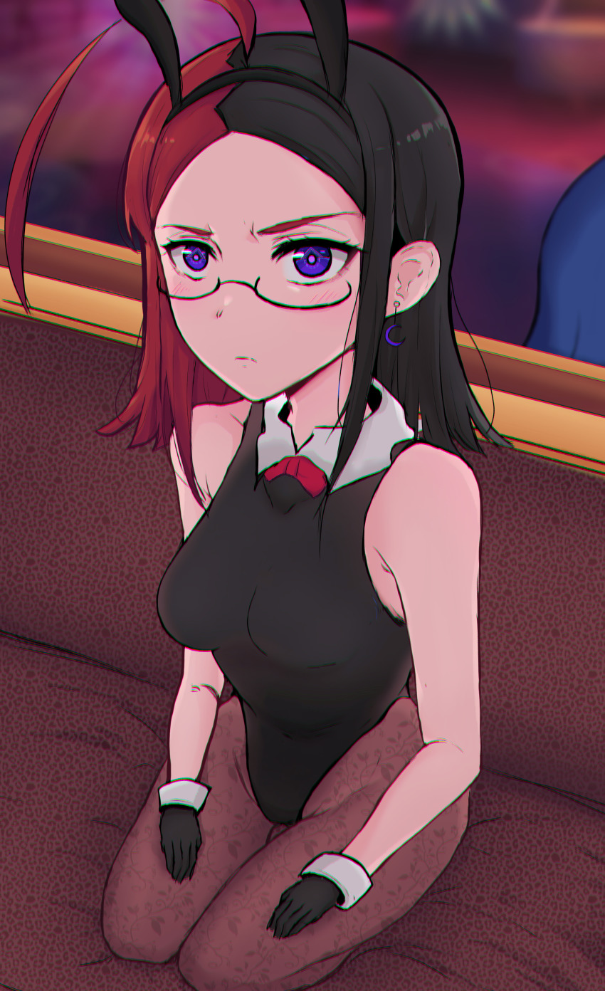 1girl absurdres ahoge asutoia black_hair black_leotard black_pantyhose blush breasts cat_eyes couch earrings glasses gloves highres jewelry kahu_ruan leotard medium_breasts multicolored_hair no_bangs original pantyhose patterned_legwear playboy_bunny purple_eyes rabbit_ears red_hair short_hair sitting two-tone_hair