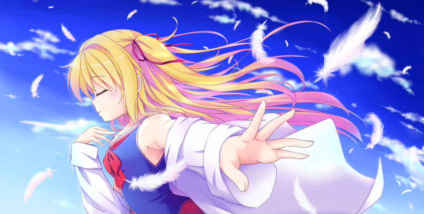 1girl blonde_hair blue_shirt closed_eyes cloud coat day falling_feathers favorite_(company) feathers hair_ribbon highres irotoridori_no_sekai lab_coat nikaidou_shinku nyolo open_clothes open_coat outstretched_hand red_ribbon red_skirt ribbon school_uniform serafuku shirt skirt solo