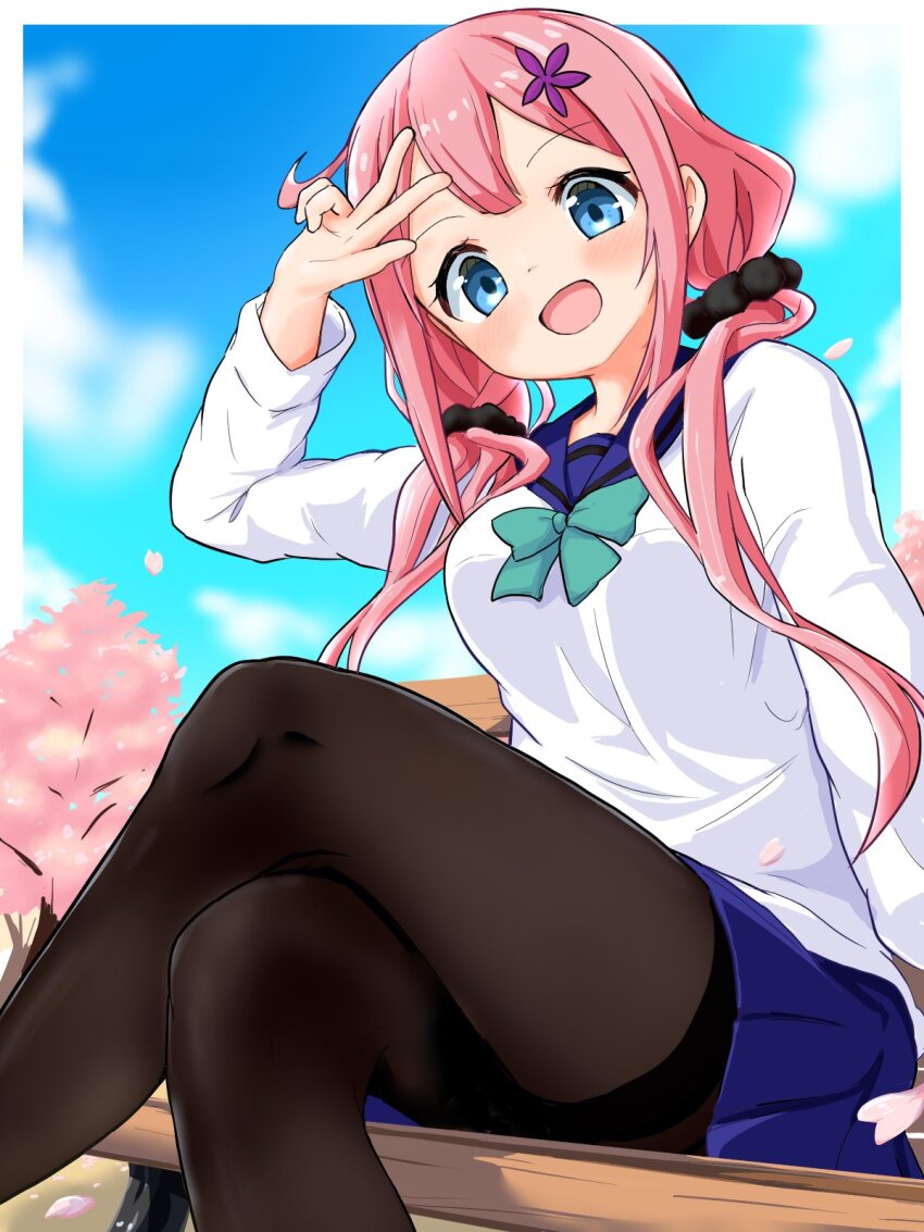 1girl bench blue_eyes blue_skirt blush bow cherry_blossoms cloud crossed_legs female_focus green_bow hair_ornament highres long_hair looking_at_viewer ochikobore_fruit_tart open_mouth pantyhose pink_hair sailor_collar sakura_ino school_uniform serafuku sitting skirt sky solo tagme tree twintails