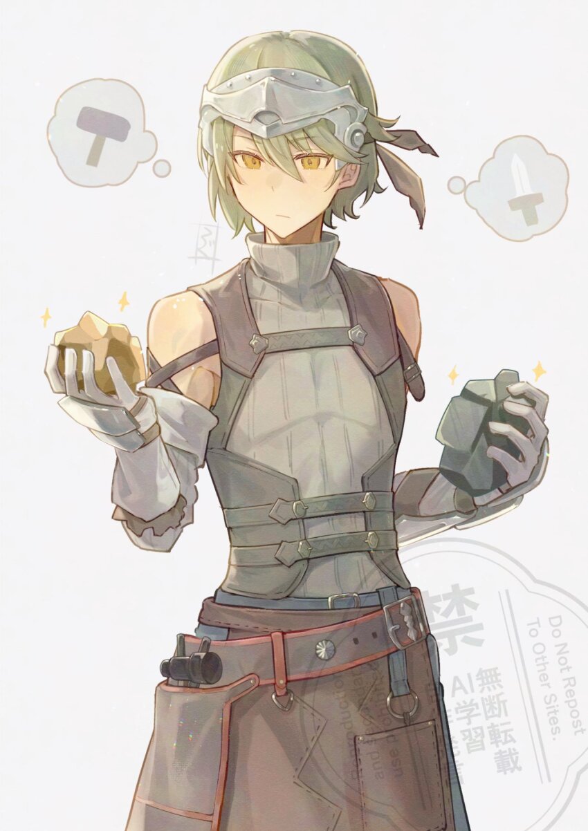 1boy apron blacksmith closed_mouth cowboy_shot forehead_protector gloves gold green_hair grey_sweater hair_between_eyes hammer highres holding looking_at_viewer male_focus martin_(rune_factory) ragu_piyopiyo rock rune_factory rune_factory_5 short_hair simple_background solo speech_bubble standing sweater sword thought_bubble turtleneck turtleneck_sweater weapon white_background yellow_eyes
