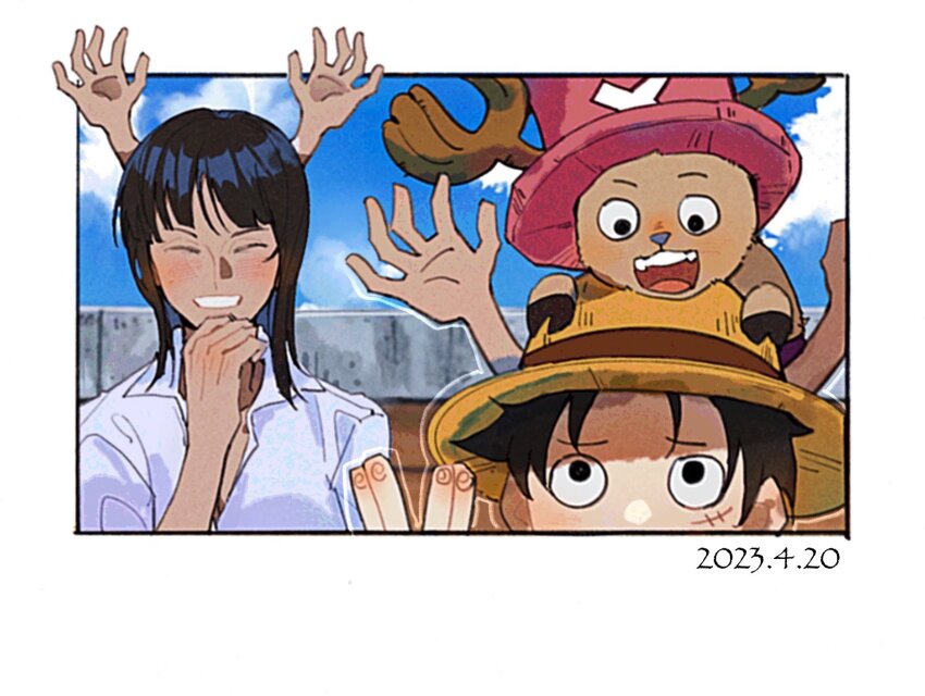 1girl 2023 2boys ^_^ antlers black_eyes black_hair blunt_bangs blush close-up closed_eyes cloud collared_shirt commentary cross dated extra_arms hana_hana_no_mi hat highres horns looking_down looking_up medium_hair monkey_d._luffy multiple_boys nico_robin nico_robin_(alabasta) on_head one_piece onecata11 pink_hat salute scar scar_on_face shirt short_hair sky smile straw_hat tony_tony_chopper vulcan_salute