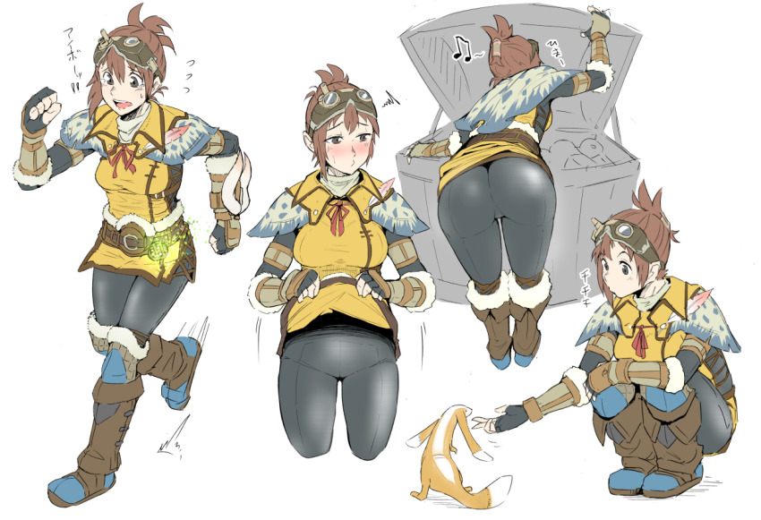 1girl adjusting_goggles arm_at_side ass belt belt_buckle bent_over black_gloves boots breasts brown_belt brown_eyes brown_hair brown_ribbon buckle capelet clothes_lift cowboy_shot dress feathers fingerless_gloves fur_boots gloves goggles goggles_on_head grin hand_up handler_(monster_hunter_world) large_breasts legs_together lifting_own_clothes monster_hunter:_world monster_hunter_(series) multiple_views musical_note nexas pants ribbon running simple_background skin_tight skirt skirt_lift smile squatting teeth tight_clothes tight_pants tunic turtleneck white_background