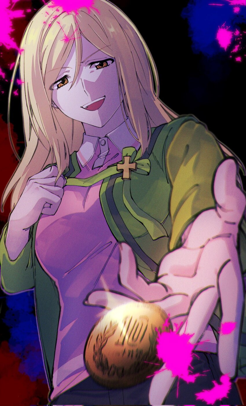 1girl blonde_hair blood blood_splatter breasts brown_eyes cardigan coin collared_shirt from_below green_cardigan hair_between_eyes hair_over_shoulder hand_on_own_chest highres higurashi_no_naku_koro_ni large_breasts long_hair long_sleeves looking_at_viewer looking_down matsuribayashi-hen money nishino_(fetv8484) open_mouth outstretched_hand parted_bangs pink_blood pink_shirt ribbon shirt sidelocks smile solo takano_miyo yen