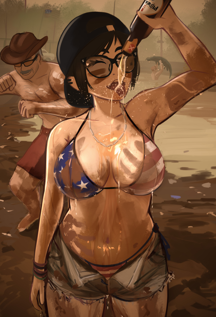 1girl 2boys ^_^ absurdres alcohol alligator american_flag american_flag_bikini american_flag_print backwards_hat baseball_cap beer_bottle belly bikini black_eyes black_hair bottle breasts cleavage closed_eyes cosplay cowboy_hat cowboy_shot crocodilian denim denim_shorts dirty dirty_clothes drunk flag_print florida_(location) glasses grand_theft_auto grand_theft_auto_vi happy hat highres holding holding_bottle incoming_attack incoming_punch large_breasts mud multiple_boys navel open_fly original pouring pouring_onto_self print_bikini puddle punching redneck_girl_(gta_vi) redneck_girl_(gta_vi)_(cosplay) rosen_(veyonis) short_hair shorts sidelocks standing swimsuit tinted_eyewear tongue tongue_out veyonis wet