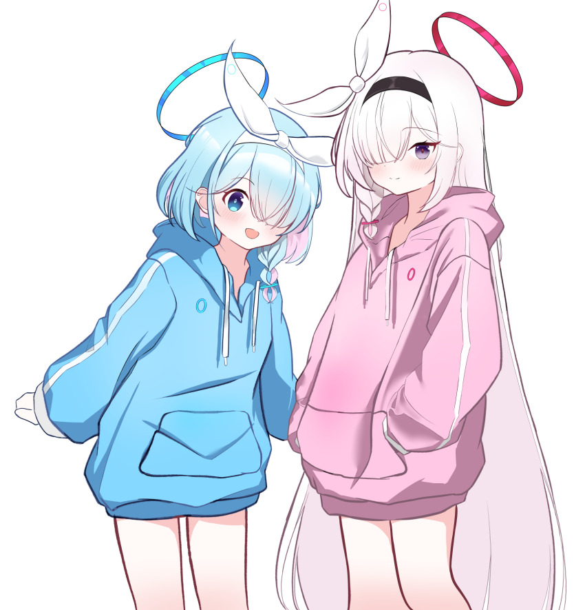 2girls :d a-pose alternate_costume arona_(blue_archive) black_hairband blue_archive blue_eyes blue_hair blue_halo blue_hoodie blunt_ends blush bow braid closed_mouth colored_inner_hair commentary cowboy_shot grey_eyes hair_bow hair_over_one_eye hairband halo hands_in_pockets happy highres hood hood_down hoodie long_bangs long_hair long_sleeves looking_at_viewer multicolored_hair multiple_girls one_eye_covered open_mouth pink_hair pink_hoodie plana_(blue_archive) puffy_long_sleeves puffy_sleeves rcej7787 red_halo red_pupils short_hair simple_background single_braid smile straight_hair tareme tsurime very_long_hair white_background white_bow white_hair white_hairband
