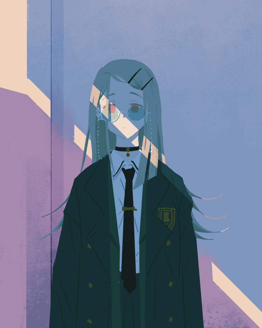 1girl absurdres arms_at_sides bangs_pinned_back black_choker black_jacket black_necktie black_skirt buttons choker collared_shirt cowboy_shot crack_of_light earrings expressionless eyewear_strap forehead gakuen_idolmaster grey_hair high-waist_skirt highres idolmaster jacket jewelry long_hair long_sleeves looking_at_viewer necktie open_clothes open_jacket parted_bangs parted_lips pendant_choker pleated_skirt red_eyes sakutaro_(39ar_39ca) school_uniform shadow shinosawa_hiro shirt shirt_tucked_in sidelocks skirt solo straight_hair stud_earrings sunglasses tie_clip white_shirt