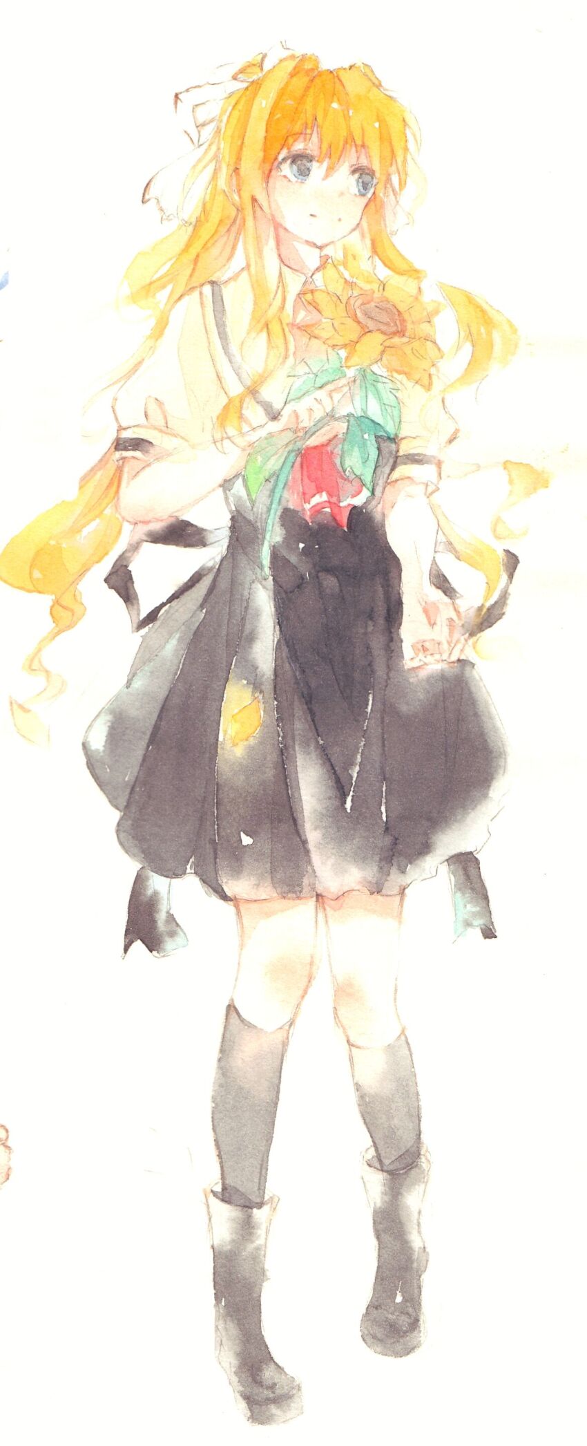 1girl absurdres air_(visual_novel) at-sakura black_boots black_dress black_socks blonde_hair blue_eyes boots dress flower highres kamio_misuzu looking_to_the_side neckerchief red_neckerchief ribbon socks solo solo_focus standing sunflower traditional_media white_background white_ribbon