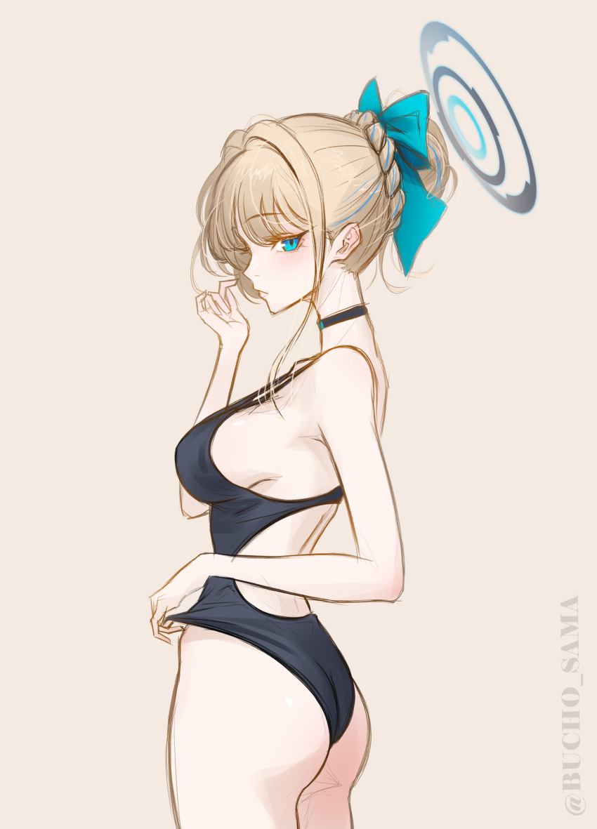 1girl absurdres adjusting_clothes ass bare_arms bare_back bare_shoulders black_choker black_one-piece_swimsuit blonde_hair blue_archive blue_bow blue_eyes blush bow braid braided_bun bucho_sama choker closed_mouth expressionless from_side hair_between_eyes hair_bow hair_bun highres looking_at_viewer one-piece_swimsuit sidelocks solo swimsuit toki_(blue_archive)