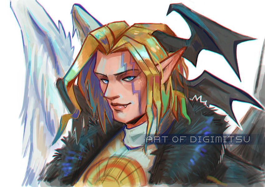 1boy adapted_costume angel_wings asymmetrical_wings bat_wings black_jacket black_wings blonde_hair blue_eyes bodysuit close-up demon_boy demon_wings digimitsuart digimon digimon_(creature) facial_mark fallen_angel fang fang_out feathered_wings feathers fur-trimmed_jacket fur_trim jacket light_smile long_pointy_ears looking_at_viewer lucemon_falldown_mode male_focus pointy_ears portrait short_hair solo white_bodysuit white_feathers white_undershirt white_wings wings
