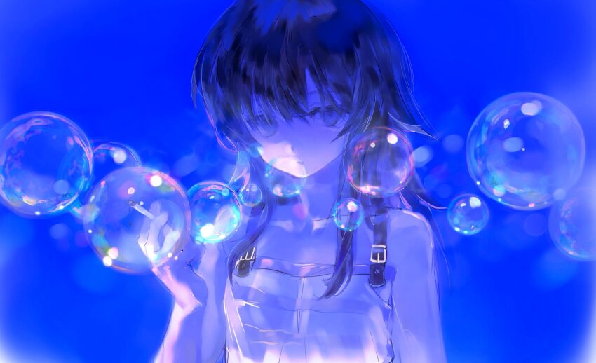 1girl arm_at_side bare_shoulders belt belt_buckle black_hair blue_background blue_theme bubble buckle cigarette collarbone empty_eyes expressionless hair_over_eyes hair_over_shoulder hand_up head_tilt highres holding holding_cigarette long_hair looking_at_viewer shaded_face shadow shimako_(yume_2kki) sidelocks sleeveless solo striped_clothes tank_top upper_body xgshjsgha yume_2kki