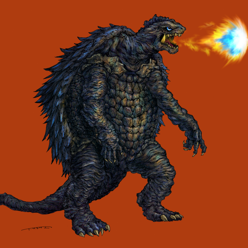 asai_takuma blue_eyes blue_fire breath_weapon claws daiei_film energy energy_ball fire fireball full_body gamera gamera_(series) highres kaiju no_humans open_mouth orange_background plasma plasma_bolt plasma_fireball plasmoid sharp_teeth simple_background tail teeth turtle tusks white_fire yellow_fire