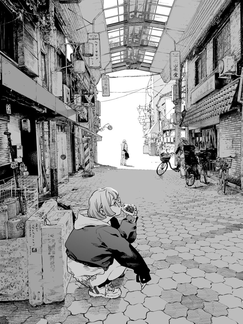 1girl 2boys absurdres backpack bag banner baseball_cap bicycle bob_cut building cage can ceiling condenser_unit day drink_can drinking facing_away glasses greyscale hand_up hat highres holding holding_can hood hood_down hooded_jacket jacket lamp long_sleeves looking_ahead monochrome multiple_boys noren original outstretched_arm pants pavement power_lines price_tag profile shoes short_hair short_shorts shorts sneakers soda_can solo_focus squatting storefront takayanagi_katsuya