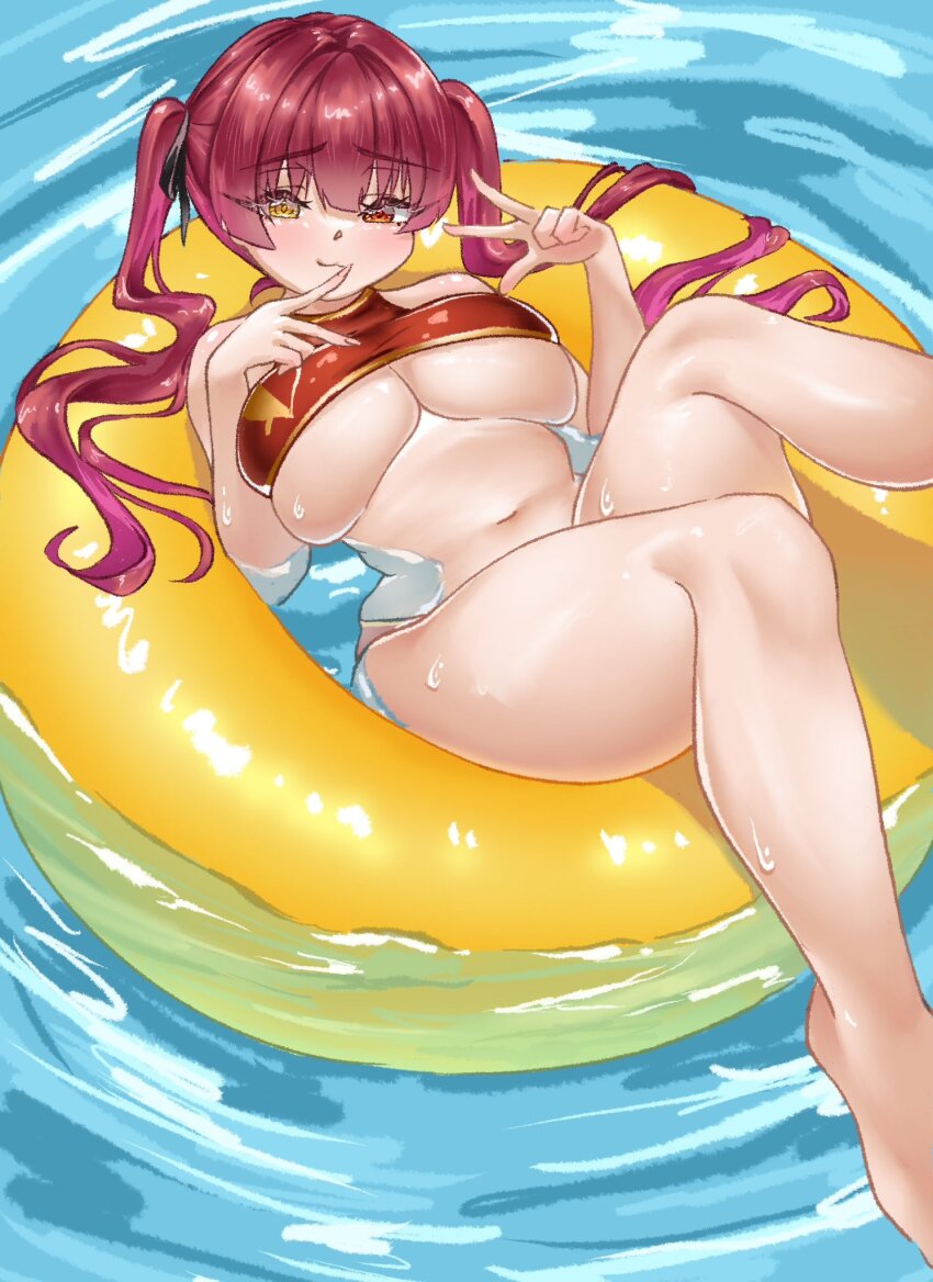 1girl :3 black_ribbon blush bottomless breasts crop_top double_v hair_ribbon heterochromia highres hololive houshou_marine innertube large_breasts long_hair long_twintails lying navel on_back pool red_eyes red_hair red_shirt ribbon rorol_reime shirt sleeveless smile solo swim_ring thick_thighs thighs twintails underboob v virtual_youtuber wet yellow_eyes