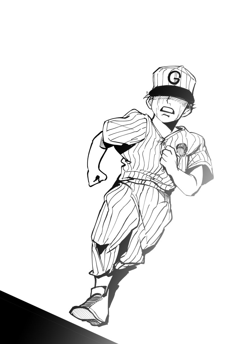 1boy absurdres baseball_cap baseball_uniform commentary_request crying emporio_alnino full_body greyscale hat hat_over_eyes highres jojo_no_kimyou_na_bouken kimeohandream korean_commentary male_focus monochrome running solo sportswear stone_ocean streaming_tears tears