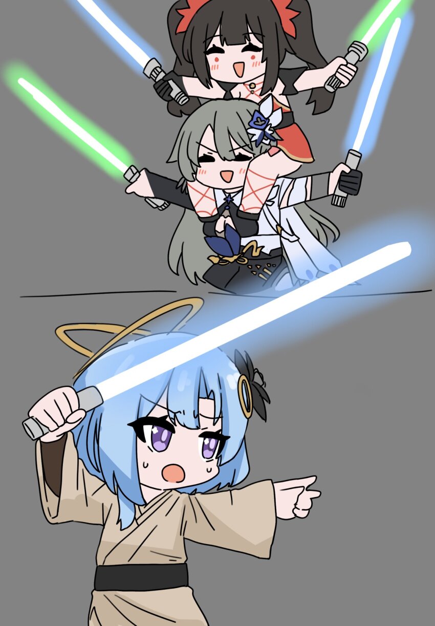3girls blue_hair brown_robe carrying closed_eyes cosplay dress energy_sword gloves grey_background grey_hair griseo griseo_(cosmic_expression) highres holding holding_sword holding_weapon honkai_(series) honkai_impact_3rd lightsaber mokkyo_(motkyo) multiple_girls obi-wan_kenobi obi-wan_kenobi_(cosplay) open_mouth purple_eyes red_dress robe shoulder_carry single_glove smile sparkle_(honkai:_star_rail) star_wars star_wars:_revenge_of_the_sith sweat sword twintails vita_(honkai_impact) vita_(lone_planetfarer)_(honkai_impact) weapon