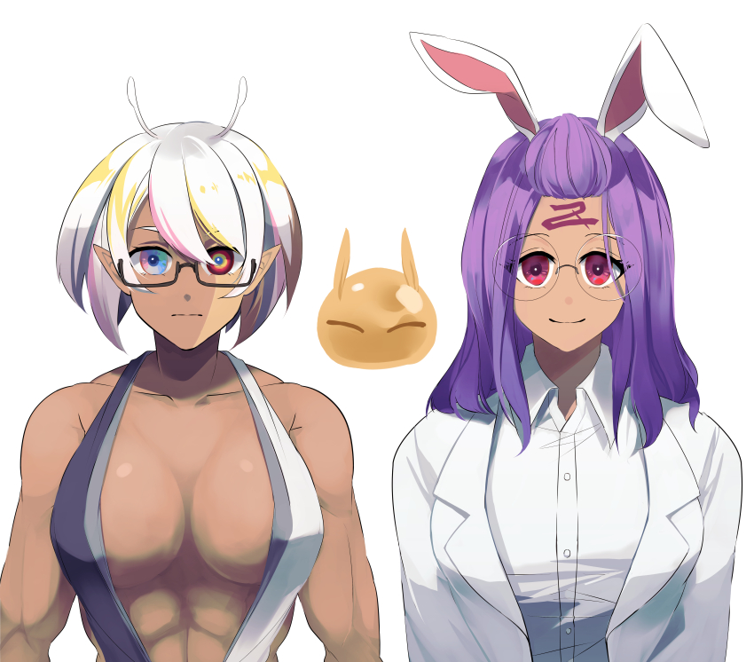 2girls absurdres animal_ears antennae breasts colored_skin crossover_nexus_project crossover_nexus_series dark-skinned_female dark_skin ericht_(isekai_monogatari) glasses highres isekai_monogatari_series lab_coat large_breasts medium_hair multicolored_eyes multicolored_hair multicolored_skin multiple_girls muscular muscular_female pointy_ears purple_hair rabbit_ears red_eyes rider_(isekai_monogatari) short_hair slime_(creature) tattoo tsang_fei two-tone_skin white_hair