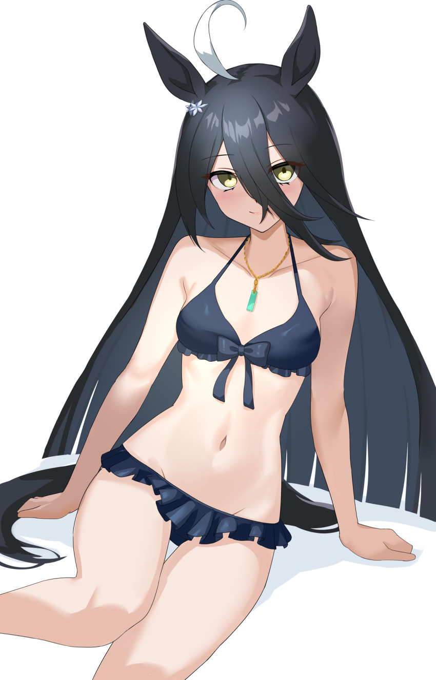 1girl ahoge animal_ears bare_shoulders bikini bikini_skirt black_bikini black_hair blush breasts cleavage closed_mouth commentary_request ear_ornament front-tie_bikini_top front-tie_top hair_between_eyes highres horse_ears horse_girl horse_tail jewelry long_hair looking_at_viewer manhattan_cafe_(the_bubbles_that_i_see_with_you)_(umamusume) manhattan_cafe_(umamusume) multicolored_hair navel necklace official_alternate_costume simple_background sitting smile solo stomach streaked_hair swimsuit tail thighs umamusume white_background white_hair yellow_eyes yokozuwari zukanosuke