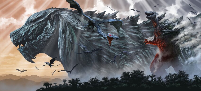 abs blue_eyes claws cloud cloudy_sky extra_eyes father_and_son flying fog forest giant giant_monster godzilla godzilla:_planet_of_the_monsters godzilla_(series) godzilla_earth godzilla_filius highres hill kaida_yuji kaiju monster mountain muscular muscular_arms muscular_legs muscular_other nature no_humans no_pupils official_art open_mouth overcast parent_and_child pectorals polygon_pictures red_eyes servum_(flying_type) servum_(godzilla) sharp_teeth sky spikes sunlight tail talons teeth thick_thighs thighs toho tongue tree wings